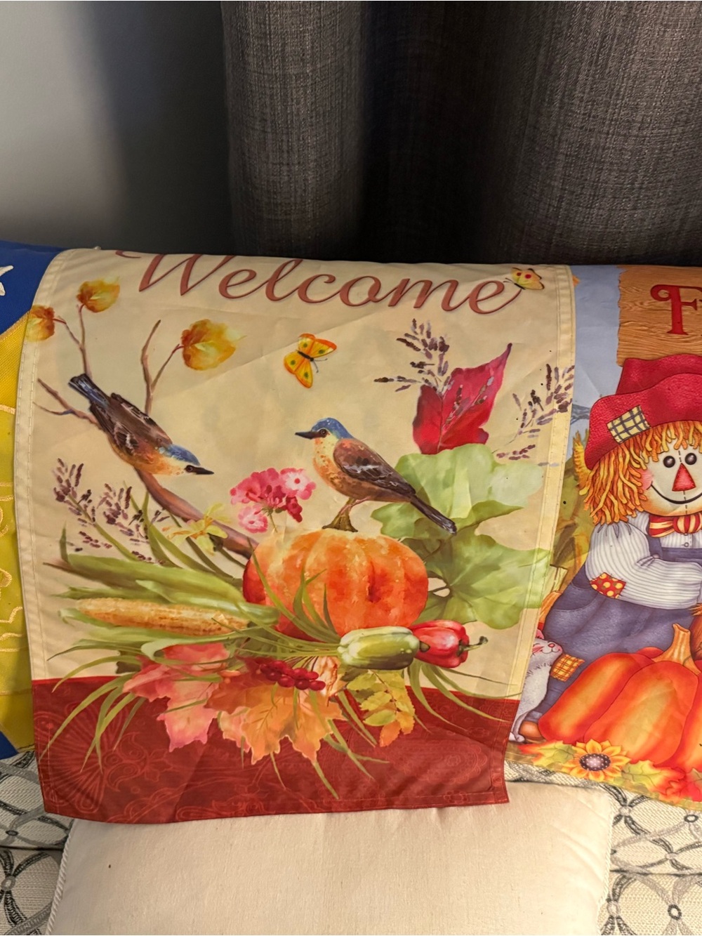 Welcome Autumn Pumpkin & Bird Decorative Flag - Cream and Orange